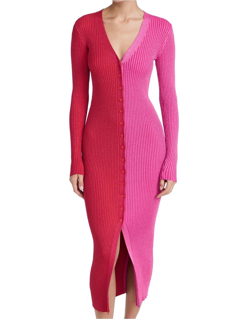 STAUD Shoko Pink Red Metallic Ribbed Sweater Midi Dress M NWT